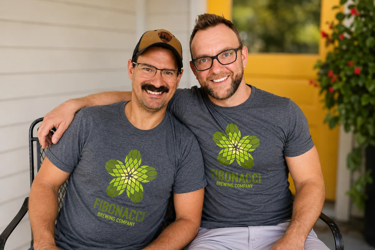 Willie and Jon, the owners of Pi Pizza Company, wearing Fibonacci Brewing Company shirts